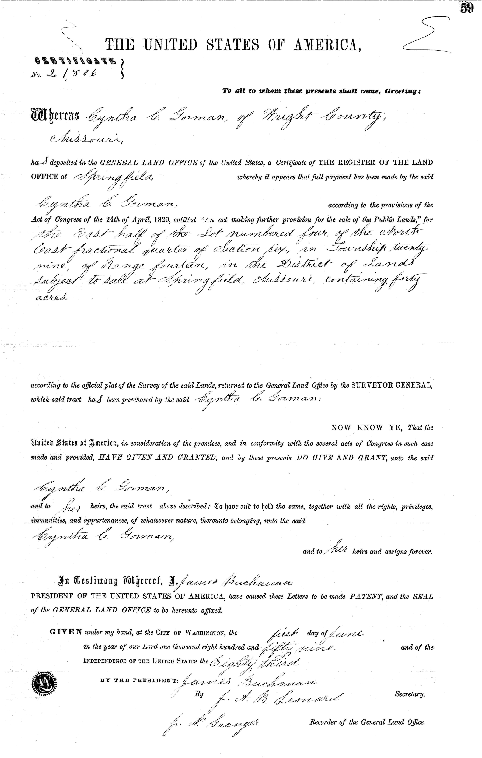Cyntha C. Gorman Deed, Wright County, Missouri