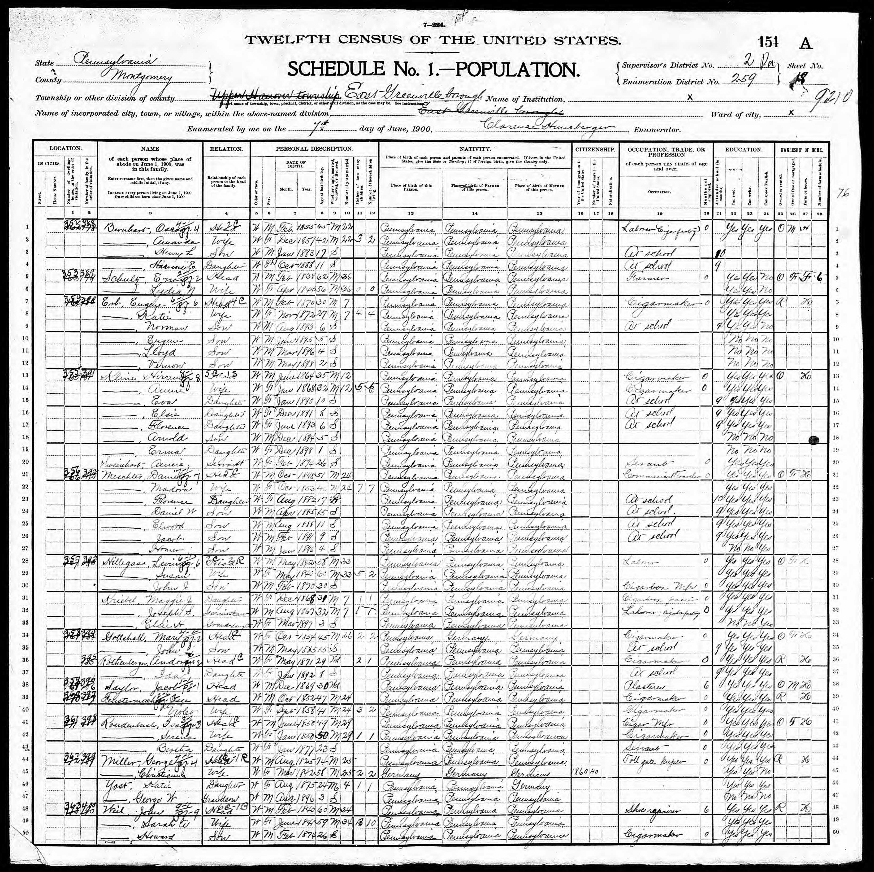 1900 U.S. Census, Montgomery County, Pennsylvania, Enumeration District 259, page 154a