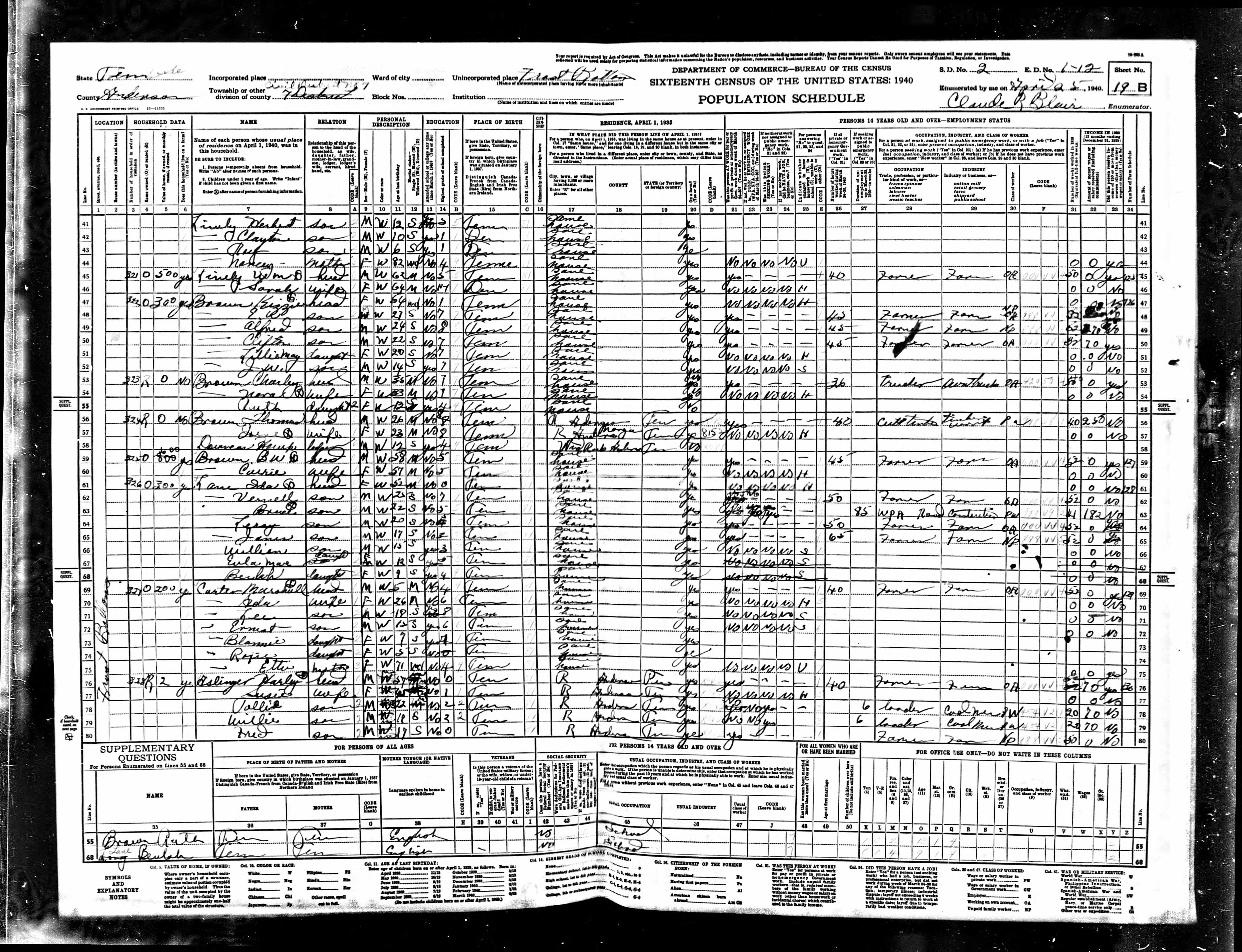 1940 U.S. Census, Anderson County, Tennessee, Dist. 7, page 215b