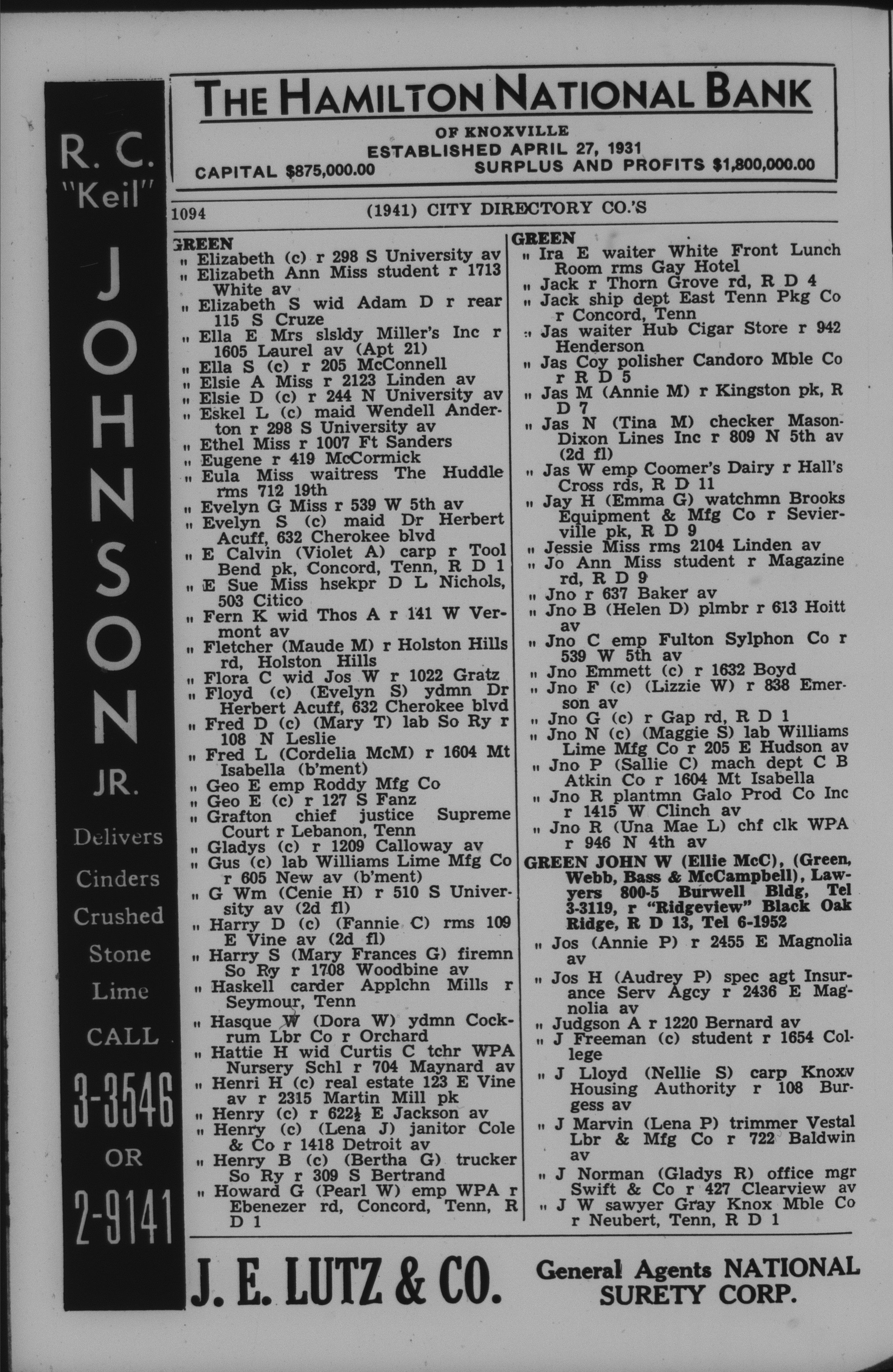 1941, City Directory, Knoxville, Tennessee, page 1094