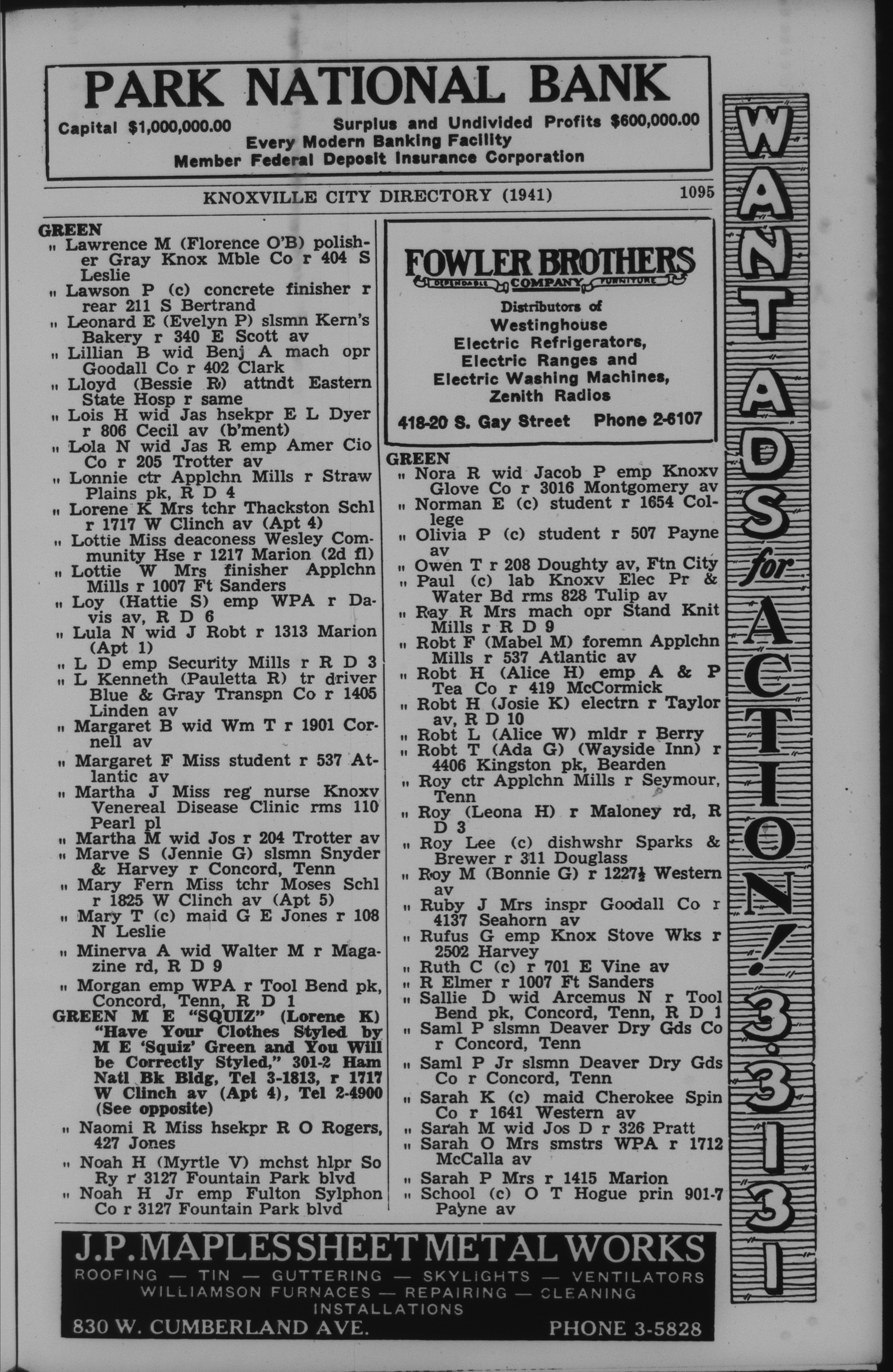 1941, City Directory, Knoxville, Tennessee, page 1095