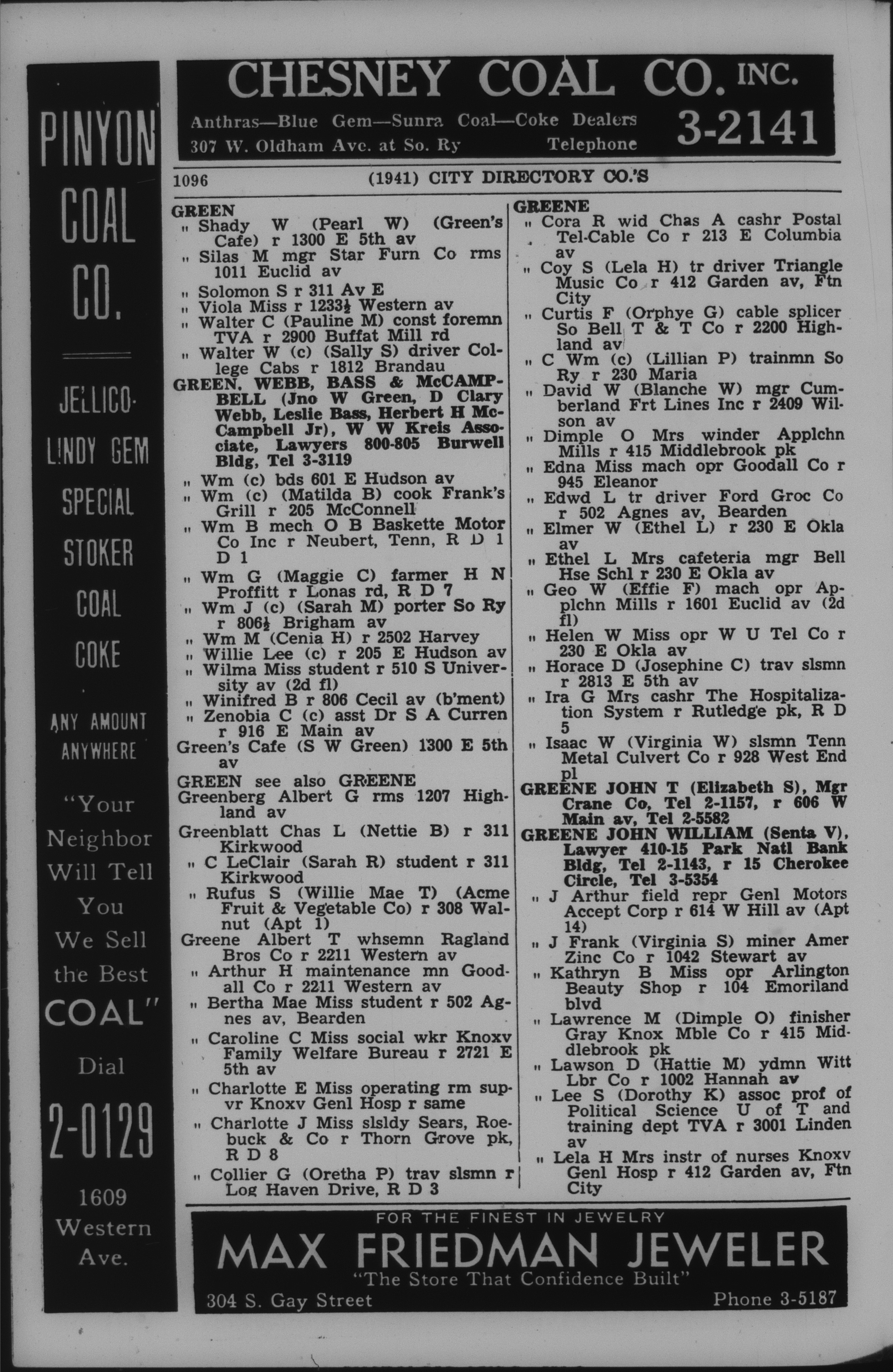 1941, City Directory, Knoxville, Tennessee, page 1096