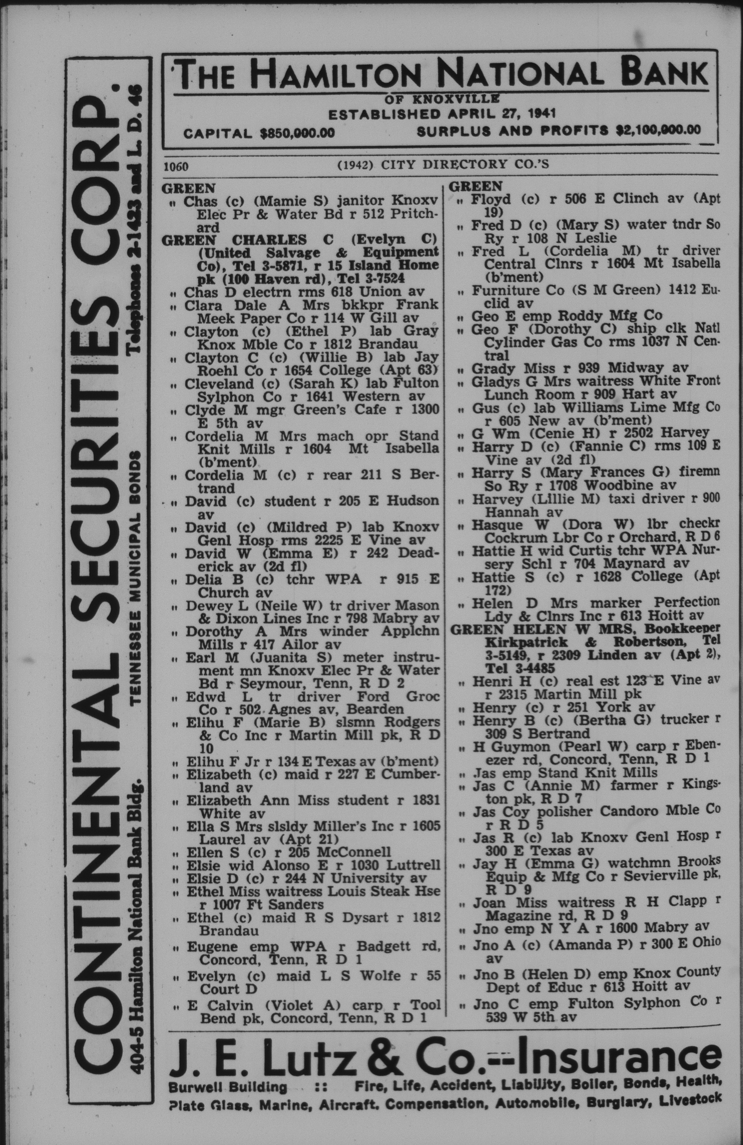 1942, City Directory, Knoxville, Tennessee, page 1060