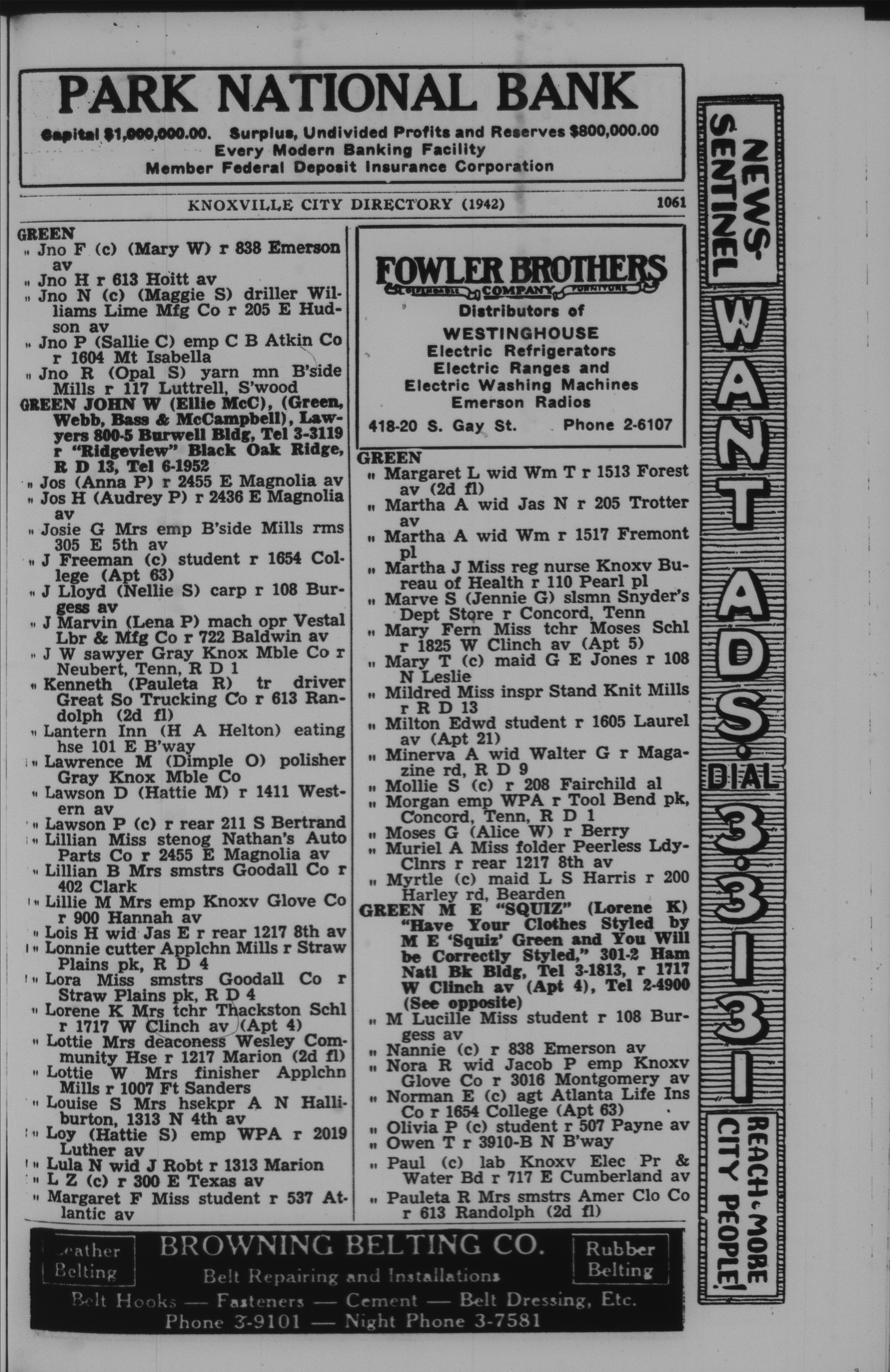 1942, City Directory, Knoxville, Tennessee, page 1061