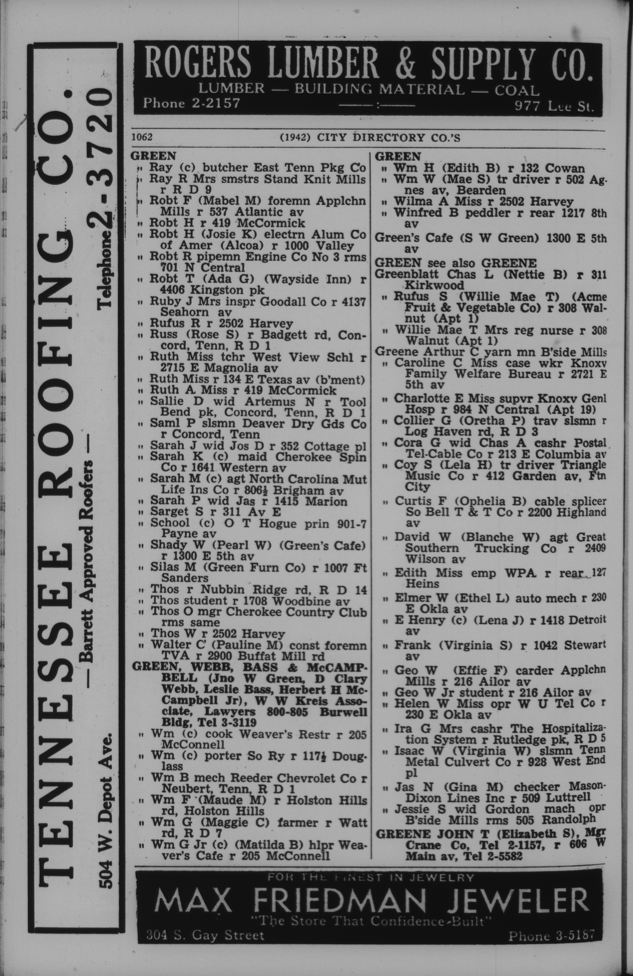 1942, City Directory, Knoxville, Tennessee, page 1062