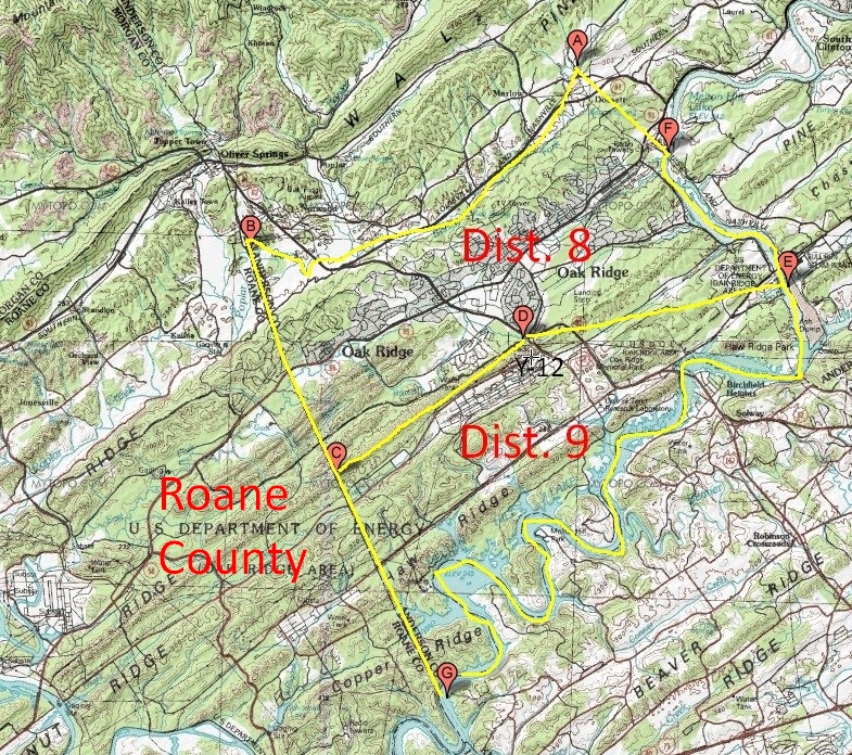 Map of District 8 and District 9 in Anderson County