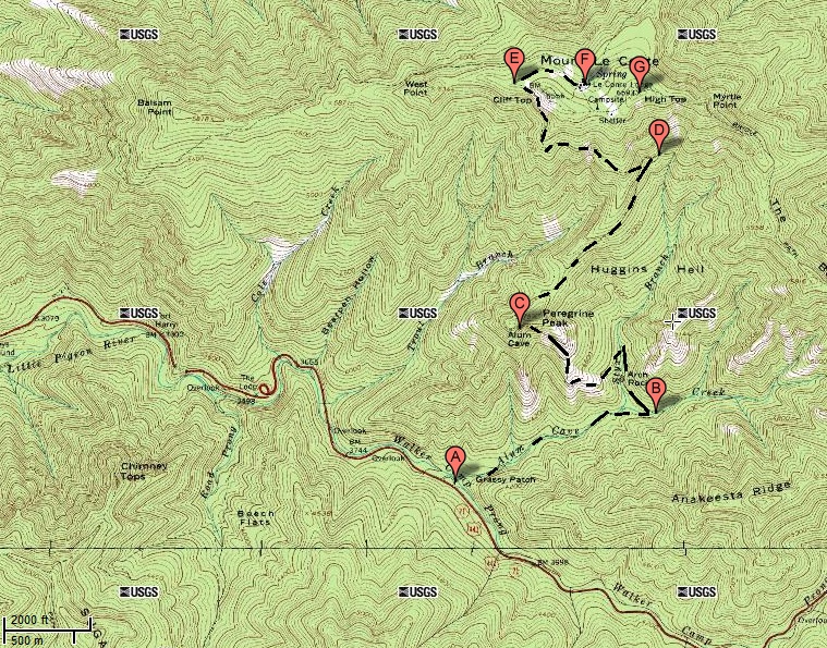 Topographic map of Alum Cave trail area