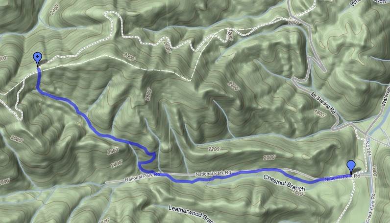 GPS map of Chestnut Branch trailhead area
