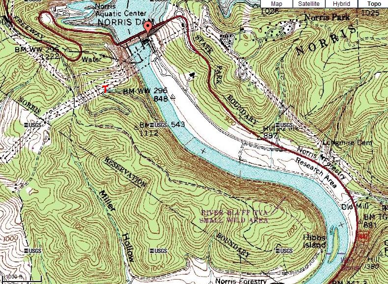 Topographic map of Norris Dam, River Bluff Trail