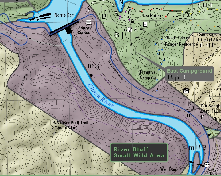 Topographic map of Norris Dam, River Bluff Trail