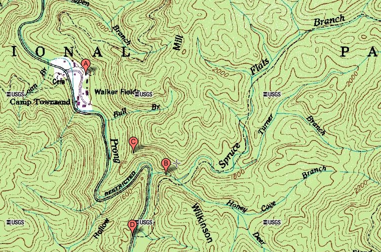 Map of Marked Spruce Flats Falls Trail