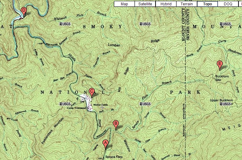 Map of Unmarked Spruce Flats Falls Trail