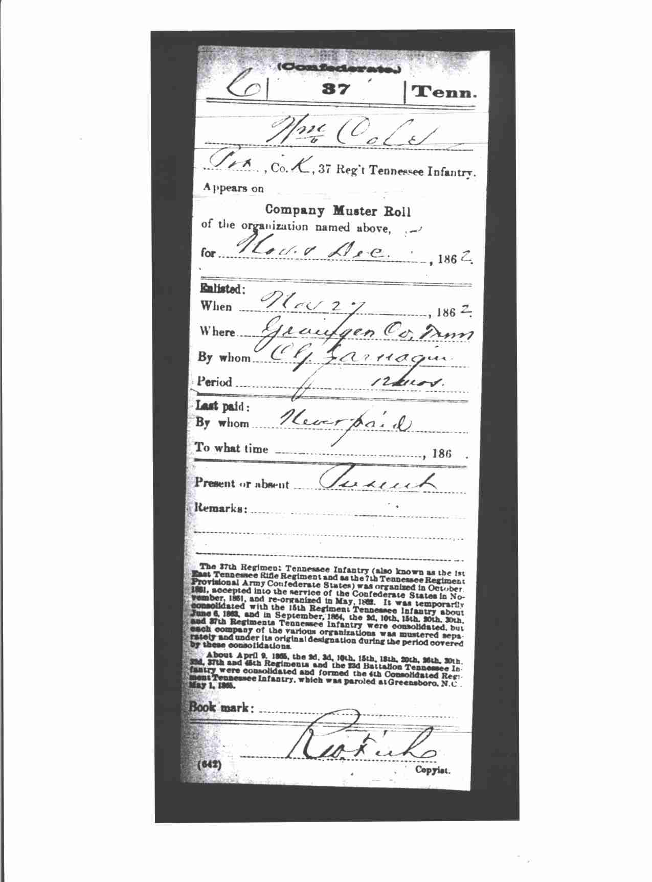 William Cole, Military Record, 37th TN Infantry, Confederate, p.2