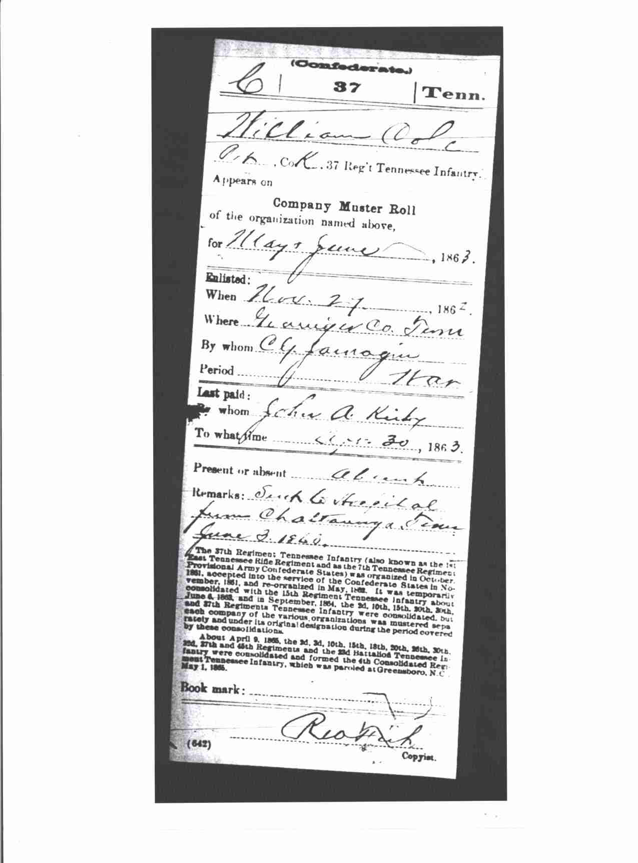 William Cole, Military Record, 37th TN Infantry, Confederate, p.5