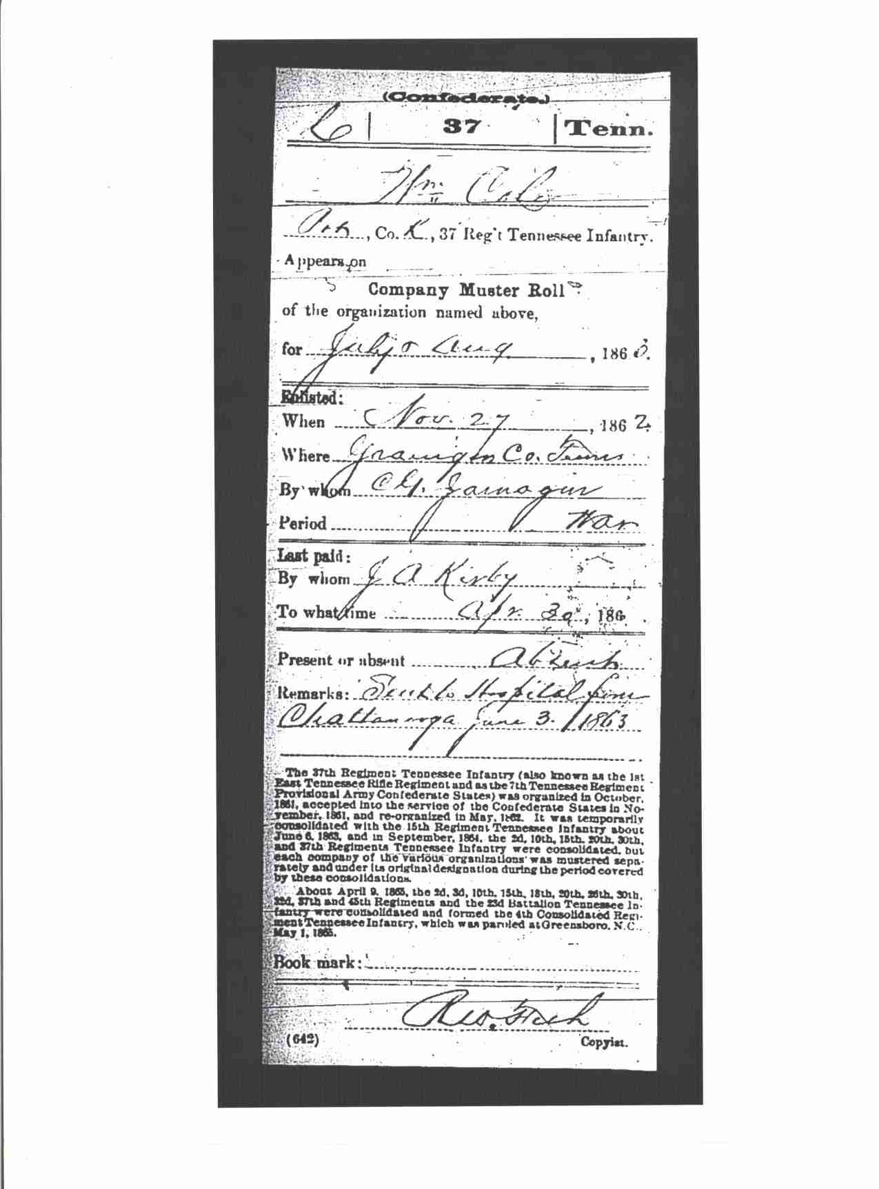 William Cole, Military Record, 37th TN Infantry, Confederate, p.6