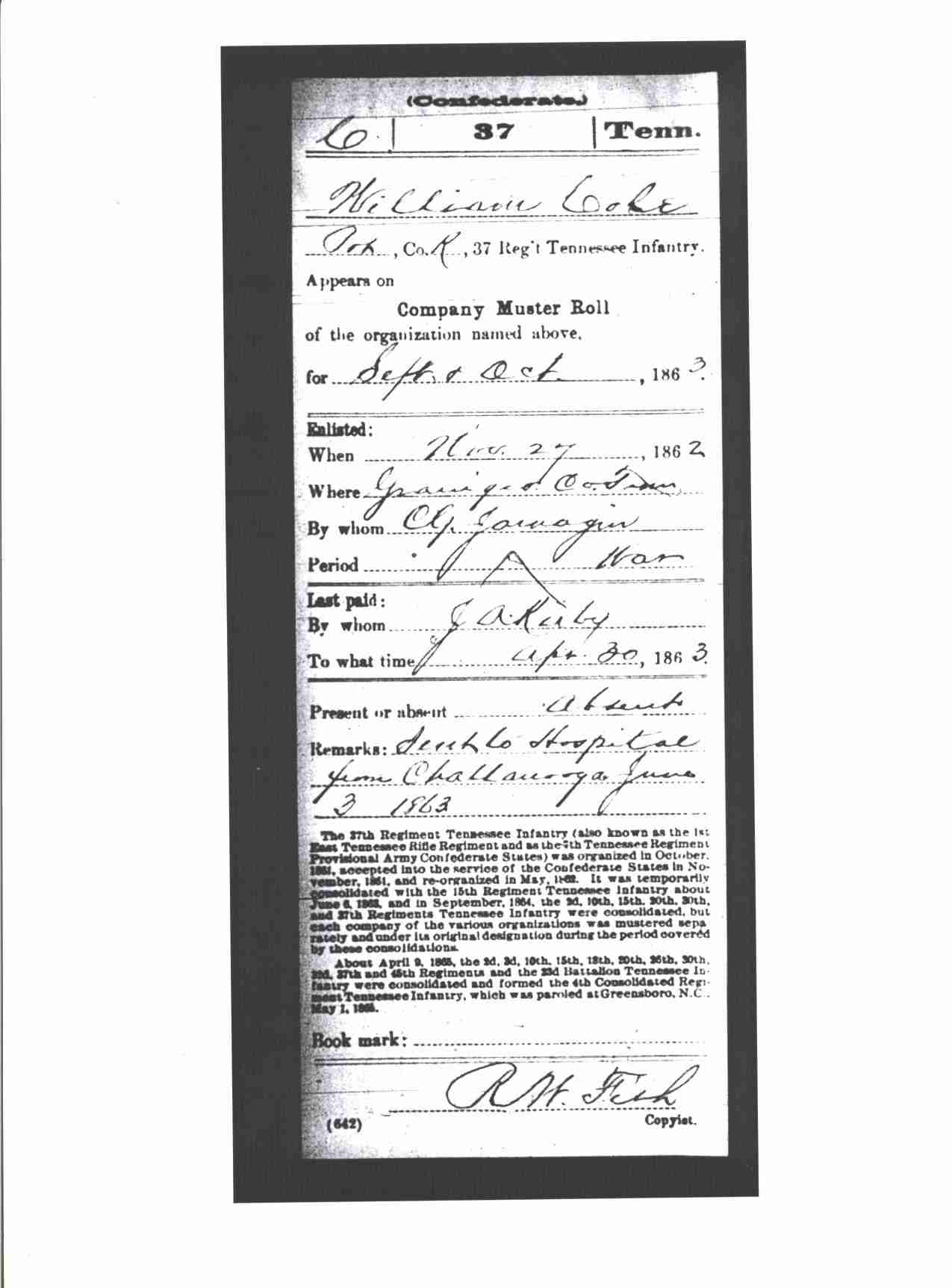 William Cole, Military Record, 37th TN Infantry, Confederate, p.7