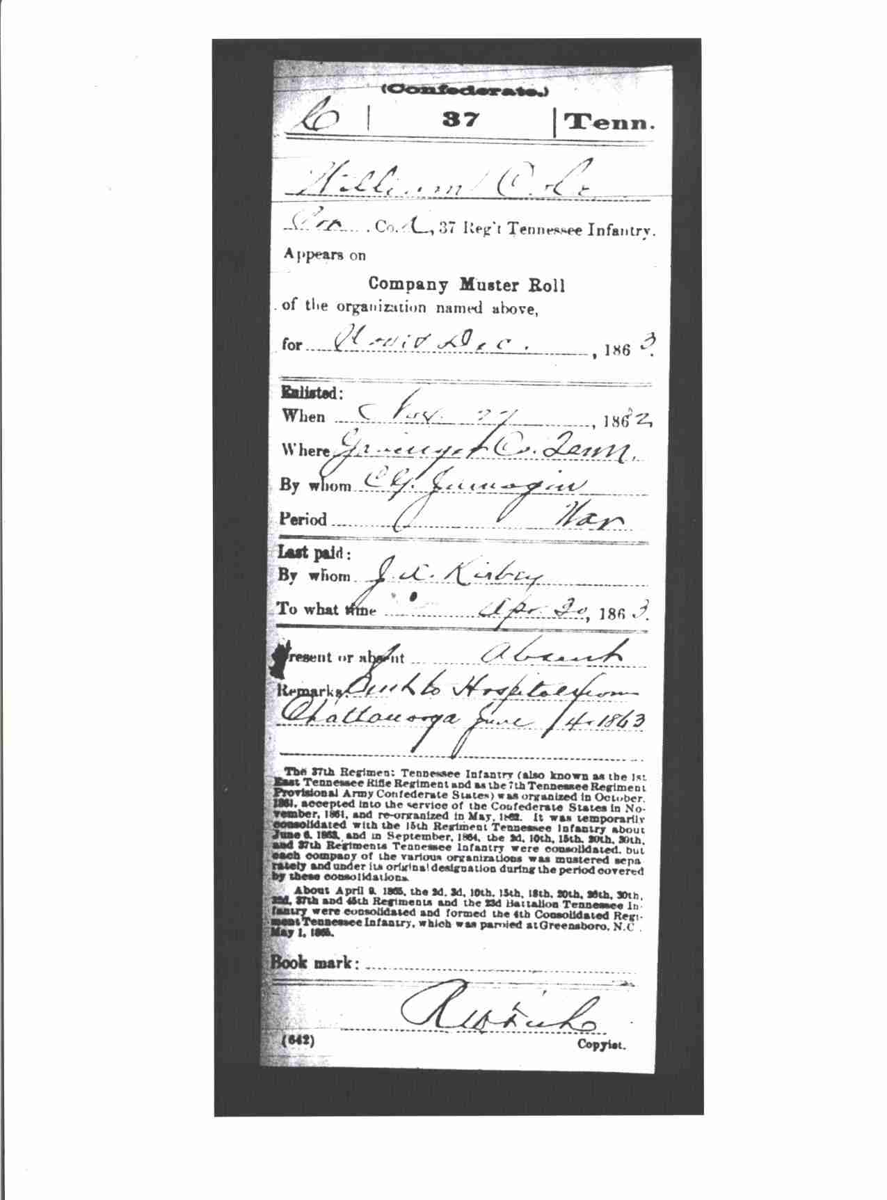 William Cole, Military Record, 37th TN Infantry, Confederate, p.8
