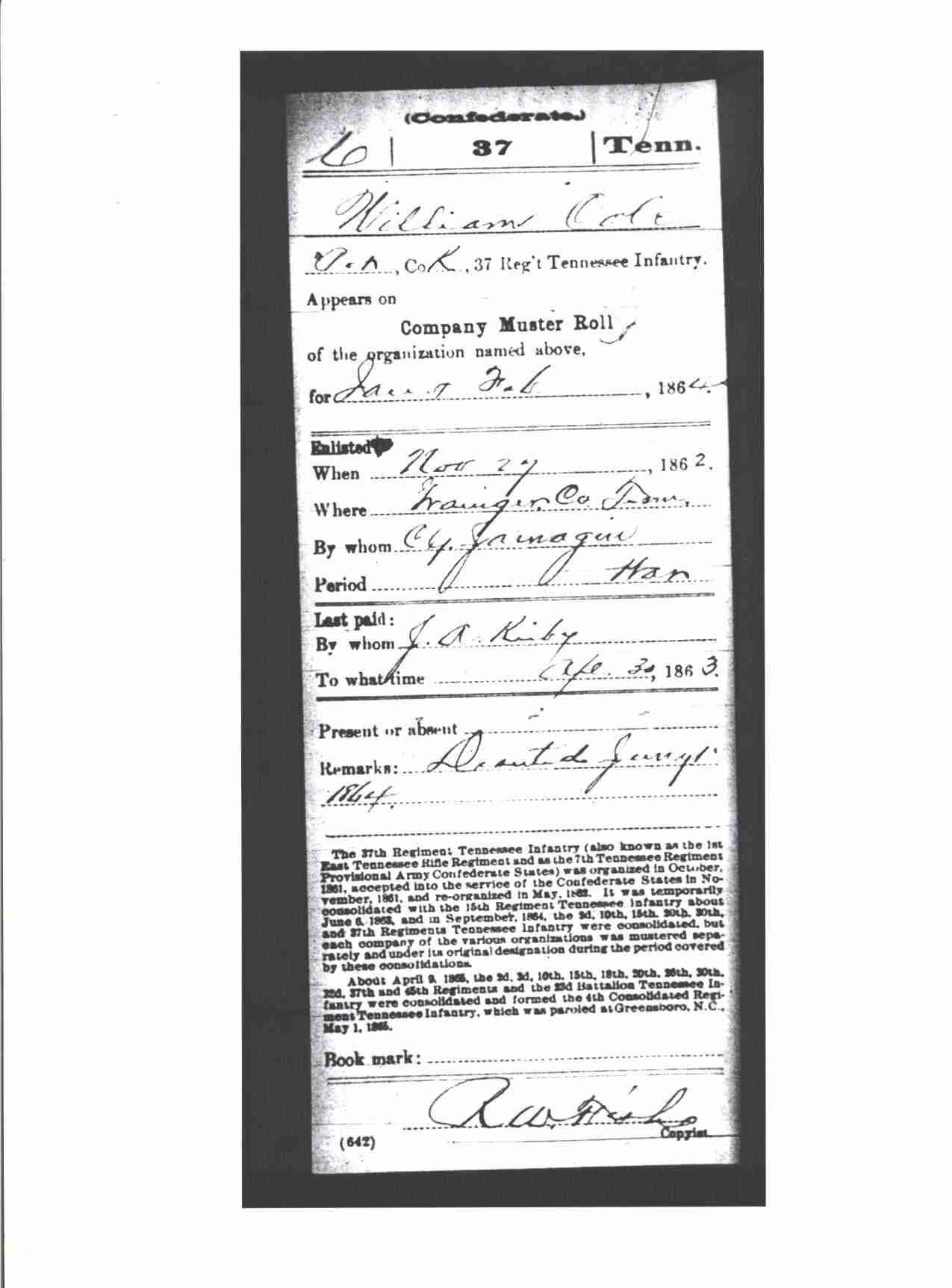 William Cole, Military Record, 37th TN Infantry, Confederate, p.9